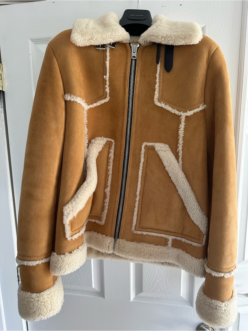 Coach Tan Shearling Bomber Jacket with Cream Trim
